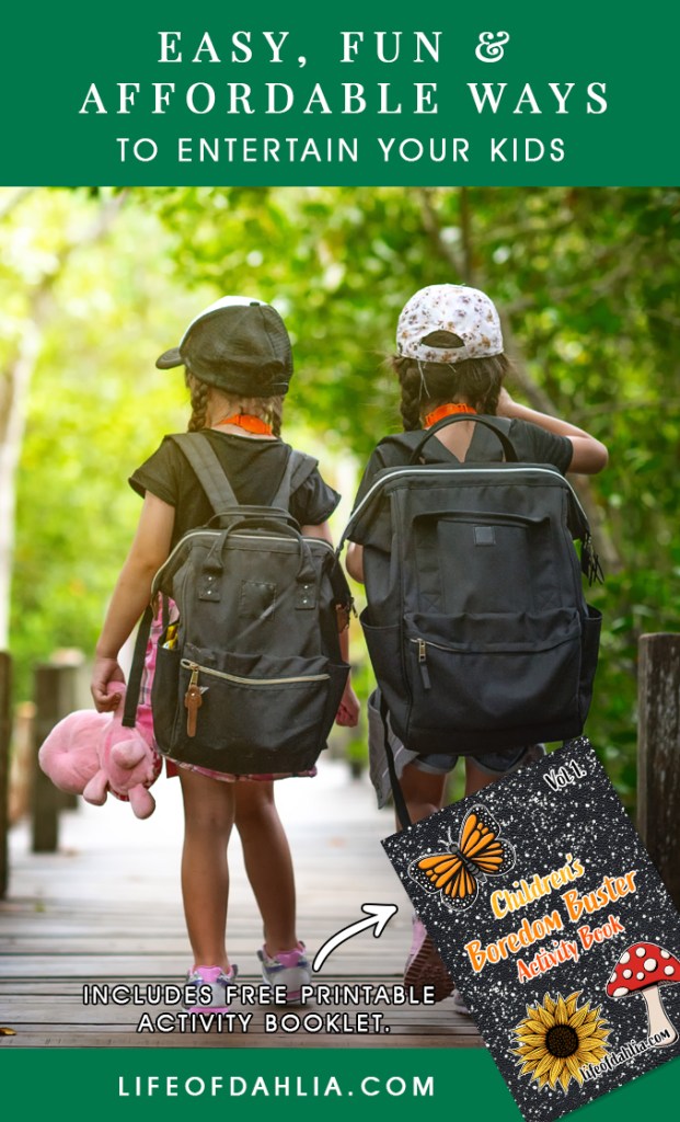 An image with the title of this blog post on it and a photo of girls walking together on the wooden bridge of rainforest (featured image by Idanupon on adobe stock) and the cover of the kids activity book.