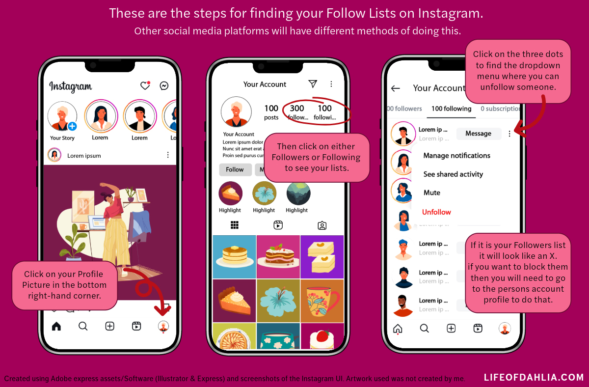 A how to guide on finding your follow and follower lists on Instagram. (find in profile by clicking on your follower numbers and then clicking on the three dots next to a persons profile, then click on the unfollow button to unfollow someone.)