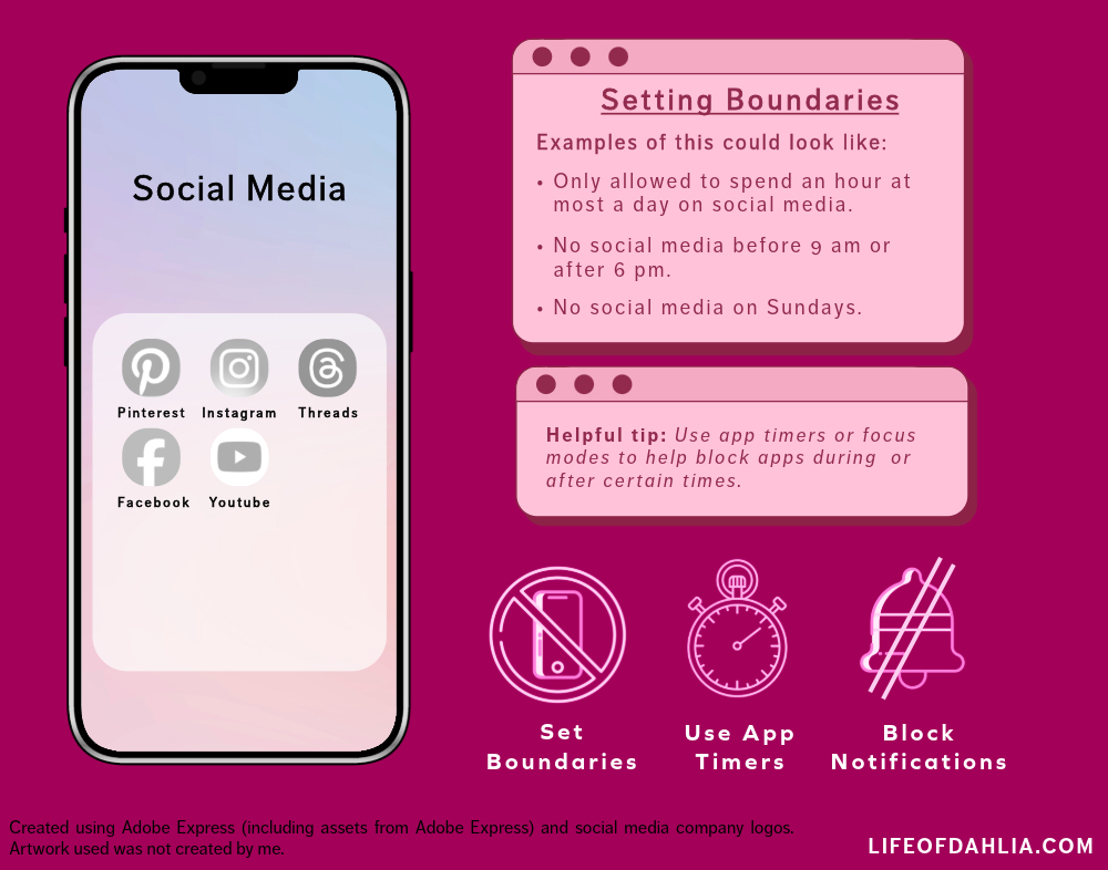 a graphic image feature a phone with social media app icons ( Instagram, Facebook, etc) and some tips on setting boundaries
