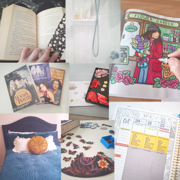 a collage of photos that show various analog hobbies (colouring, reading, lego, watching dvd's. also includes a shower room, a bed room and weekly planner.