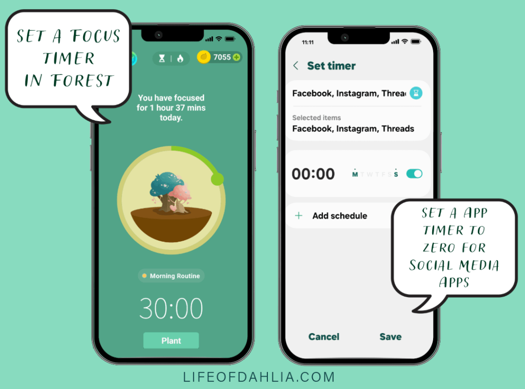 Features two phones, one with the focus app Forest and One with Samsungs App Timers Feature.