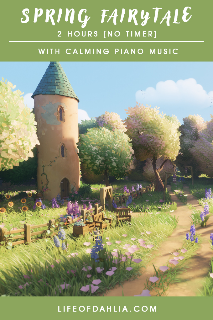An image with the title of this blog post on it and a photo of a spring fairytale theme with a tower surrounded by trees and flowers.