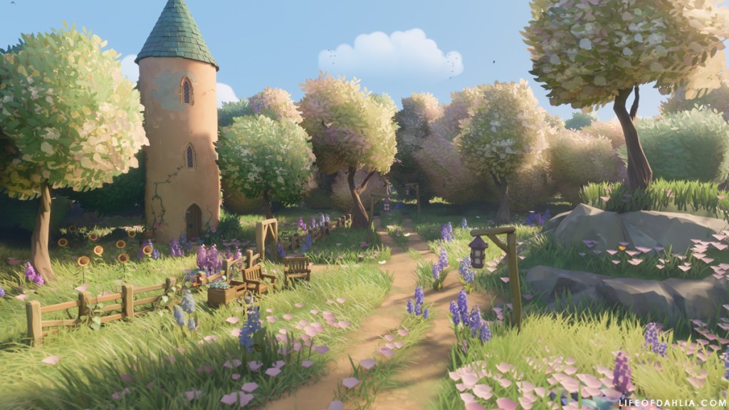 a photo of a spring fairytale themed grove with a tower surrounded by trees