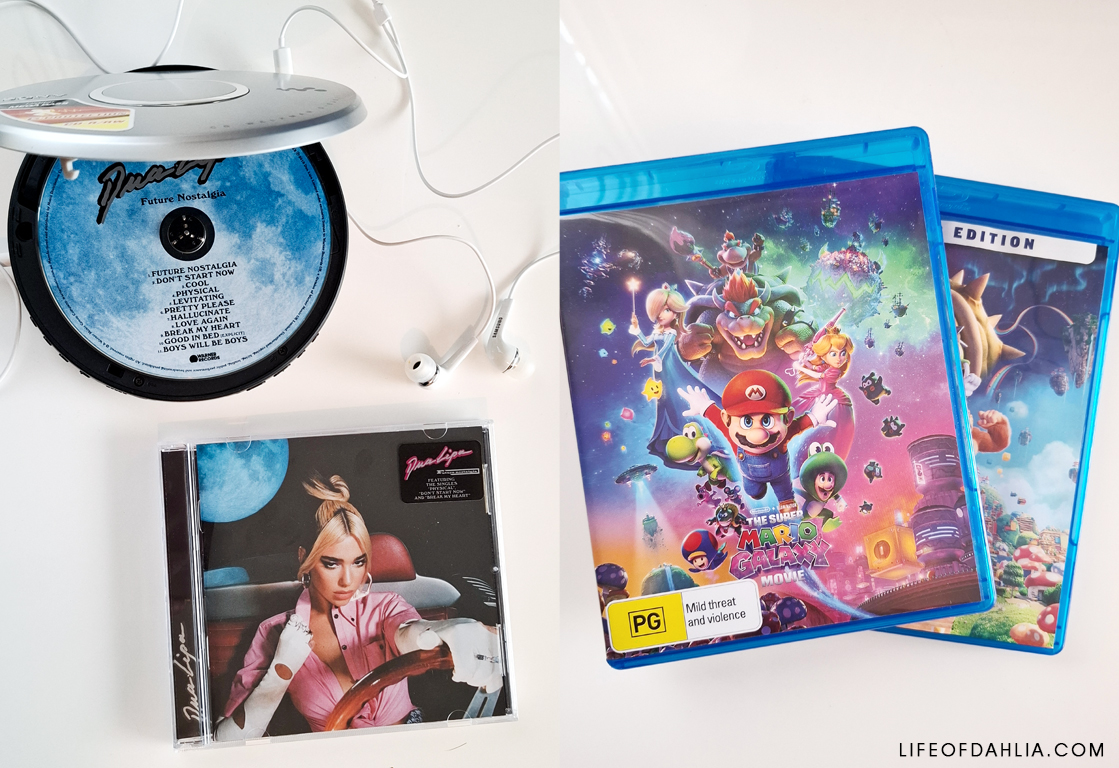 A dual side-by-side image: on the left is a photo of a portable CD player with Dua Lipa's album Future Nostalgia inside and on the right is a phot of The Super Mario Bros animated movies by Nintendo and Illumination
