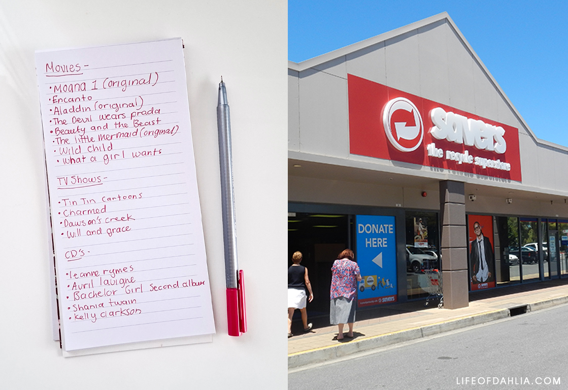 A dual side-by-side image with a list of media and a pen on a white desk. And the front of second hand shop
