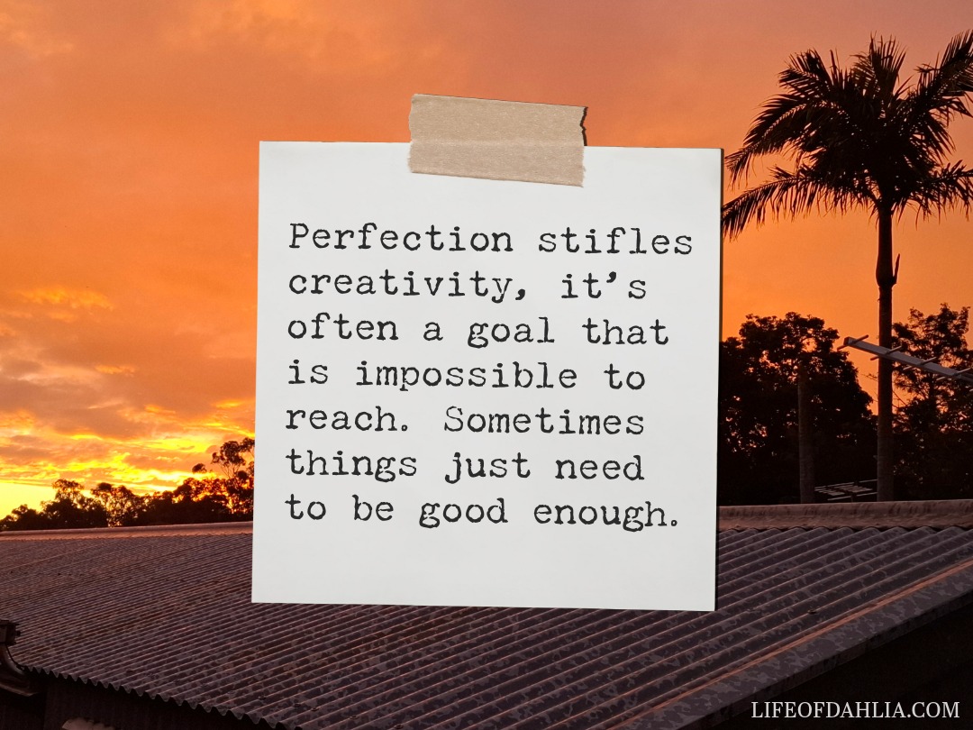 A photo of a sunset over a metal roof with water droplets on it. a silhouetted palm tree is on the right side. Layered over this image is a sticky note with a quote from the blog post about perfectionism.