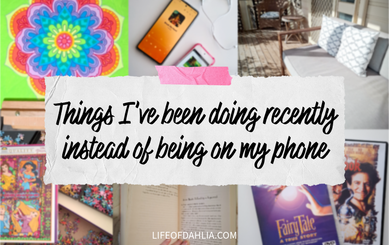 Features a series of images in the background depicting offline hobbies. 'A mandala colouring canvas, digital music devices, a couch on a porch, a disney princess puzzle, and open book, two movies on dvd. The image also includes the title of the blog post on a paper textured overlay.