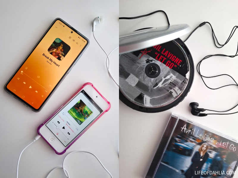 A side-by-side image with two digital music listening devices on the left and a portable cd player with a cd inside.