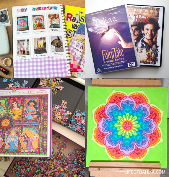 a collage of images based on analog hobbies, creating a memory journal (a page with 6 images and a may memories title), some movies on dvd, a disney puzzle and a mandala colouring canvas.)
