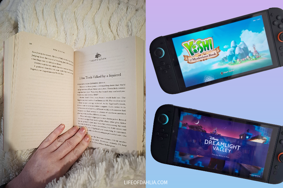 side by side imag, on the left 'a person reading a book', on the right 2 games on Nintendo Switch 2 (Yoshi and the Mysterious book, and Disney Dreamlight Valley')